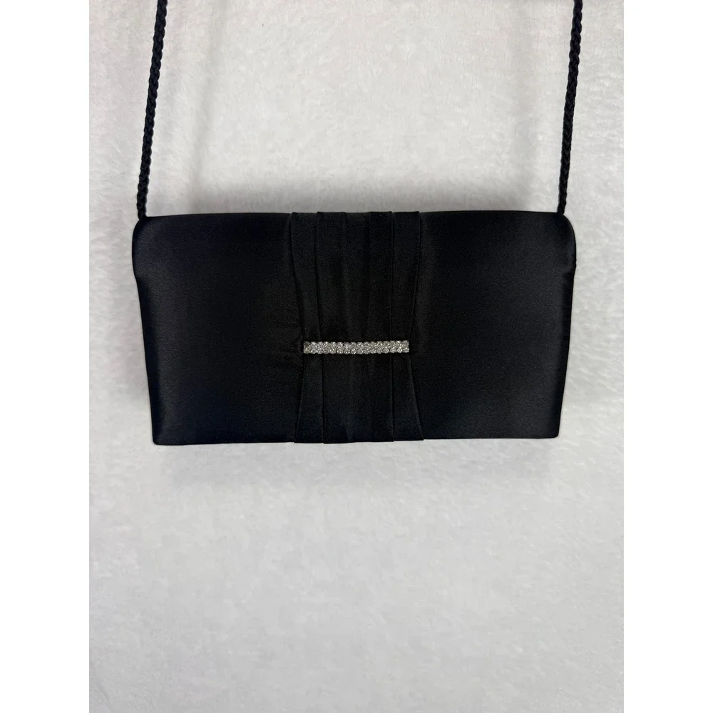 Style & Co Black Satin Pleated Rhinestone Evening Clutch Shoulder Purse Bag